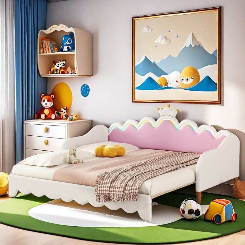 Lit de jour extensible rembourré avec lumières à DEL et tête de lit couronne, Blanc