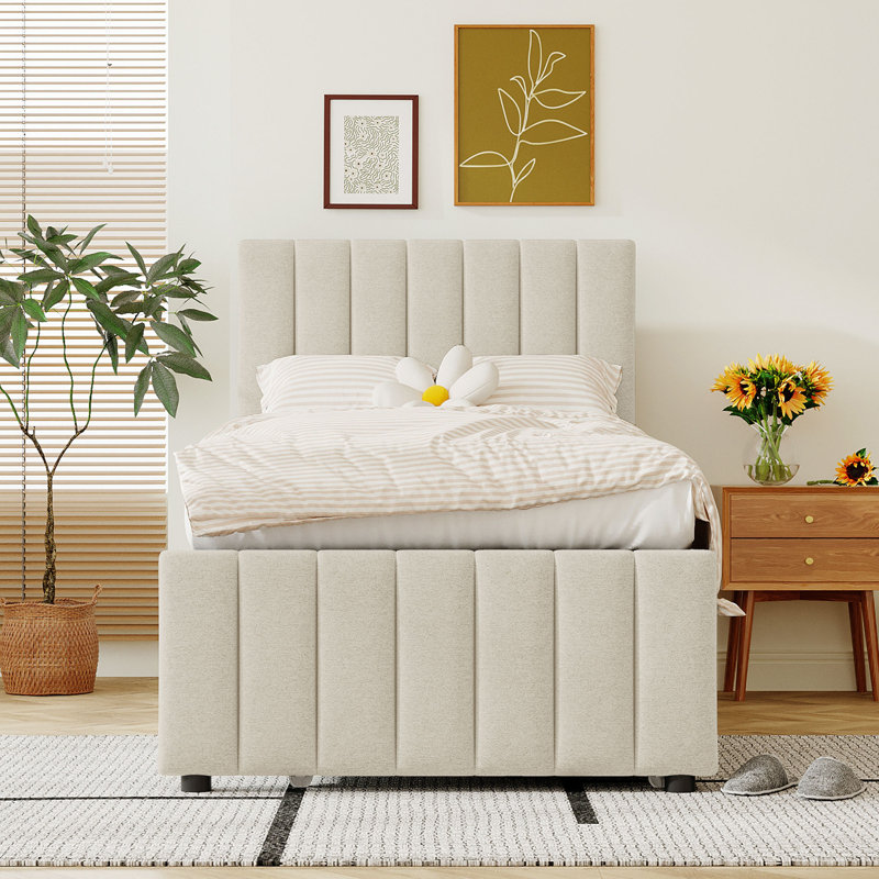 Lit plateforme tapissier avec lit gigogne et 3 tiroirs, Beige