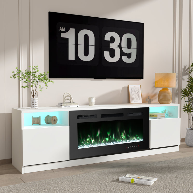 70'' TV Stand With Electric Fireplace Included, Black, White