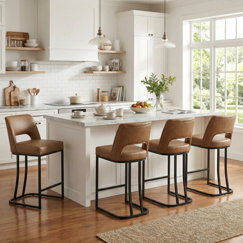 Modern Counter Height Barstools with Cutout Back, Comfy Faux Leather Kitchen Island Stool with Metal Frame, Set of 4, Brown