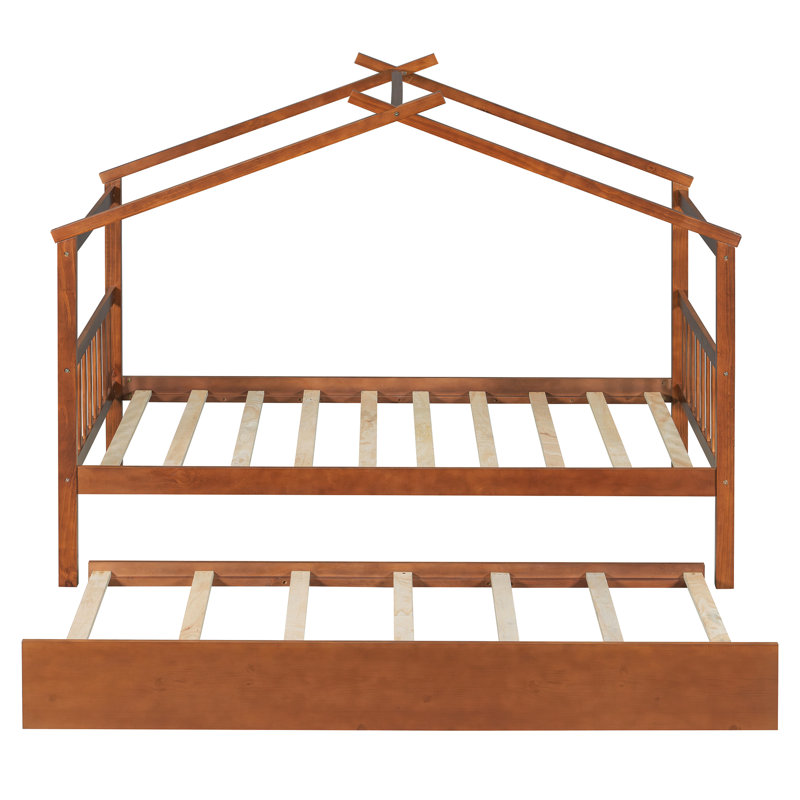 Twin House Bed With Trundle & Solid Wood Frame, Walnut, Twin