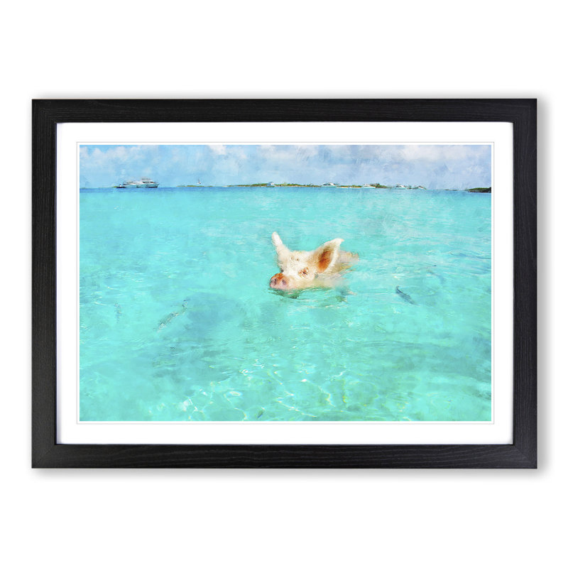 Swimming Pig - Picture Frame Painting, Black Framed, 27cm H x 36cm W x 2cm D