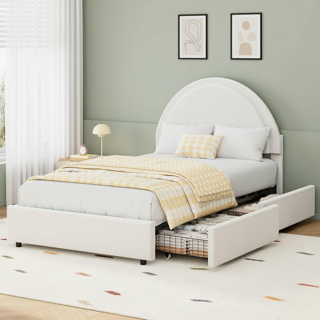 Ebern Designs Boucle Upholstered Platform Bed Frame, With 2 Storage ...