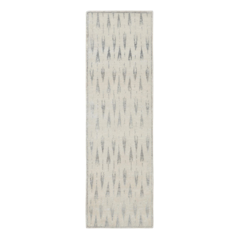 Handmade Silk Geometric Area Rug, Beige/Brown/Gray/Silver/Black, Runner 8'1" x 2'5"