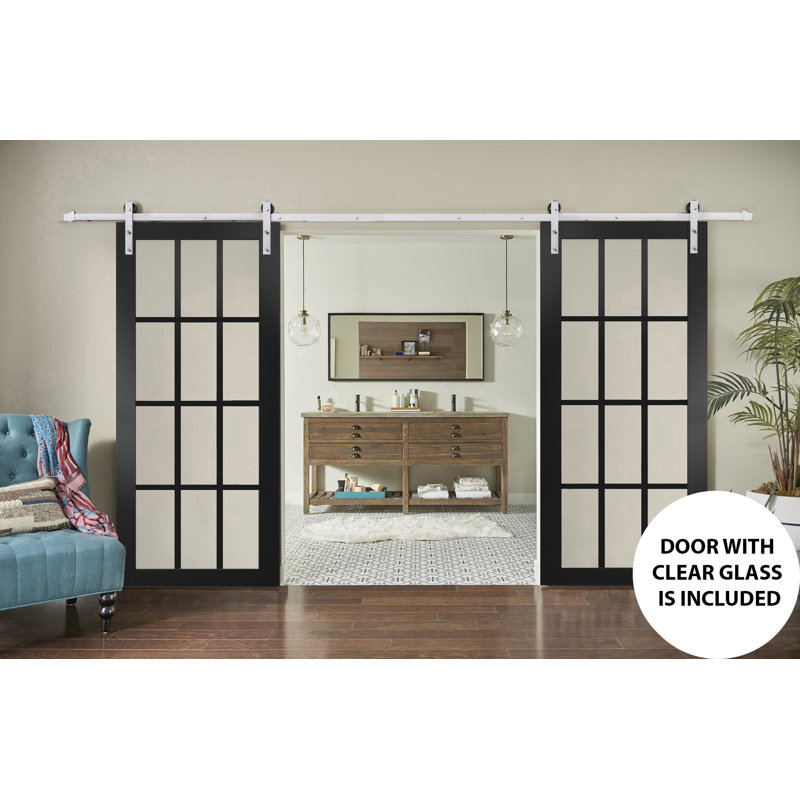 Porte de grange double robuste avec | Felicia 3355 Noir mat et verre clair | Supports de rail de 4 m (13 pi) pour portes renforcées | Portes intérieures à panneaux pleins - 91,4 cm x 213,4 cm (36 po x 84 po) (2 x 45,7 cm x 84 po) - Rail argenté
