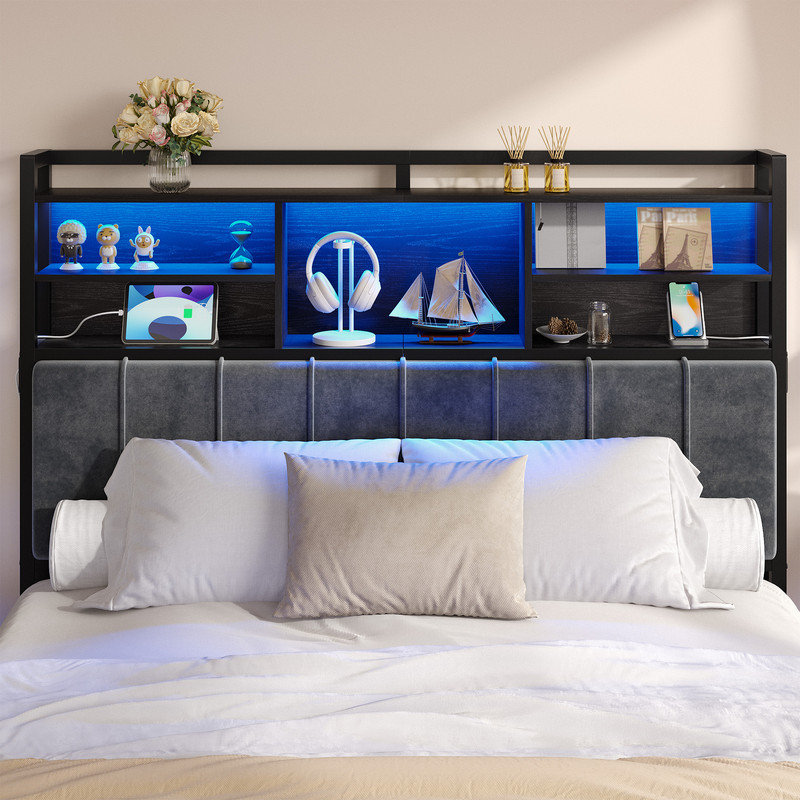 Headboard with 3-Tier Storage Shelves, Velvet Upholstered Head Board with 2 Outlets, USB Ports & LED Light, Soft Backrest