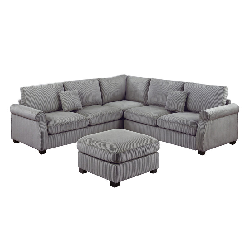 4Pc Sectional Set Matching Pillow Cocktail Ottoman Corner Wedge Right And Left Arm Loveseat Corduroy Upholstered Fog Finish Primary Living Room