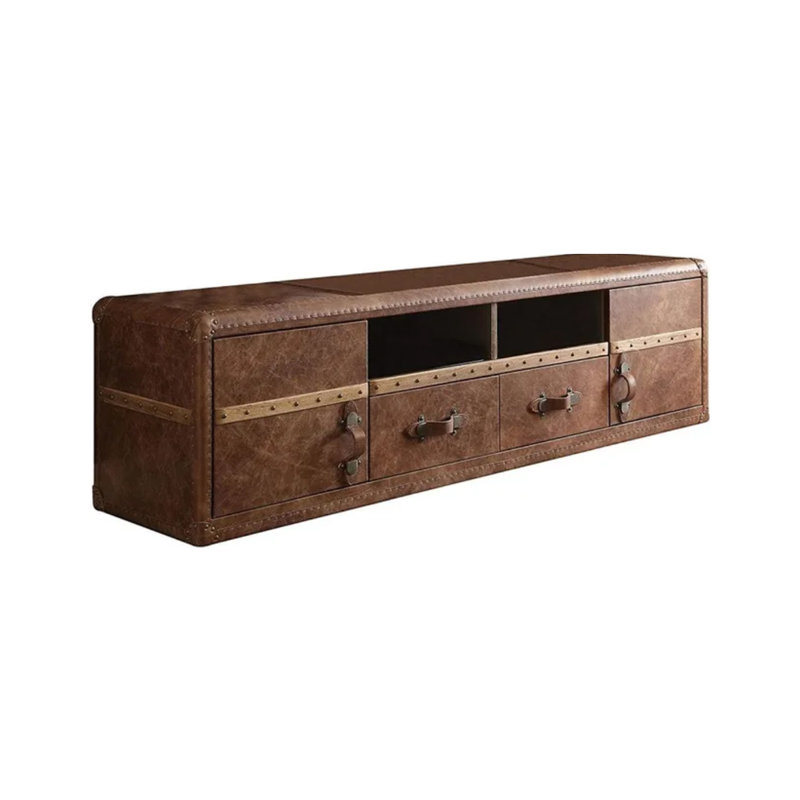 Retro Brown Top Grain Leather TV Stand with Cabinet