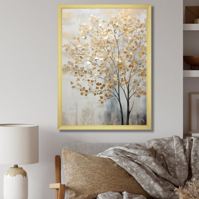 Minimalism Gold And Blue Trees Scene Framed On Canvas Print