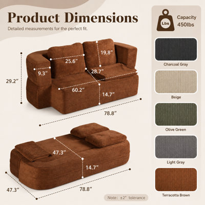 Convertible Cloud Sofa Bed with Blanket, Caramel Brown Scott Fabric Boneless Queen Modular Loveseat, High-Density Solid Sponge Sleeper Couch for Living Room Bedroom, No Assembly Required