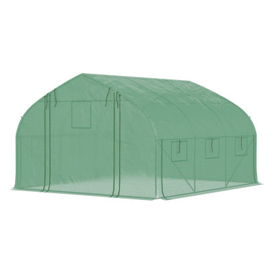 Serre de tunnel avec porte en filet à fermeture à glissière 11,5 pi x 10 pi x 6,5 pi Outsunny, 7 fenêtres de ventilation et parois latérales enroulables, serre chaude pour jardin en acier galvanisé, vert
