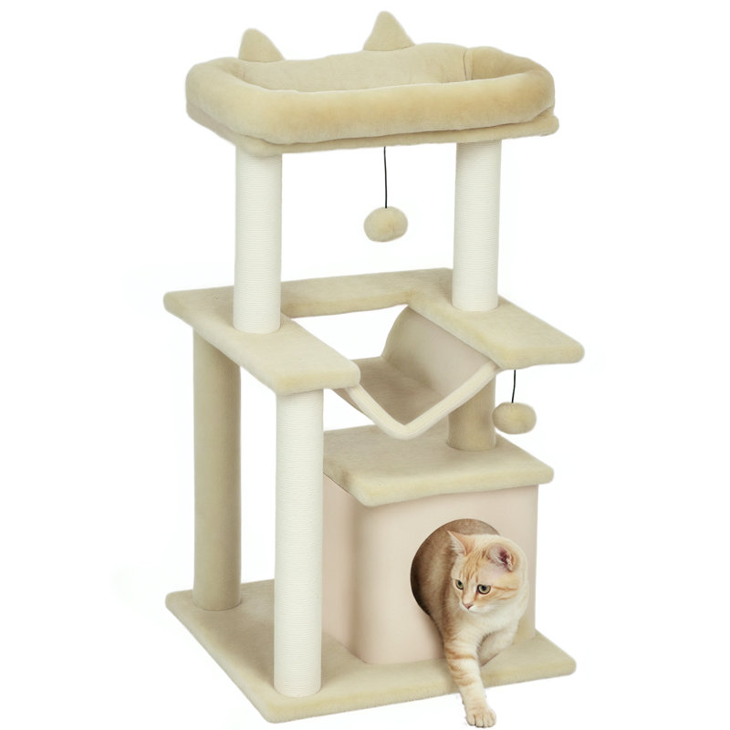 Tour à chat à plusieurs niveaux avec poteau à griffer, beige
