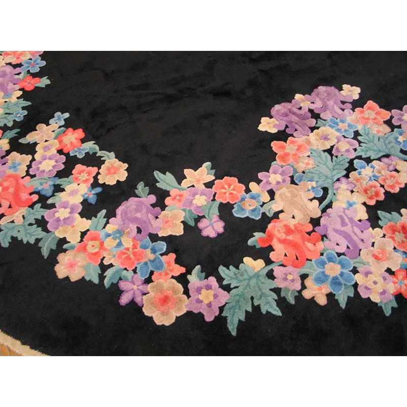 Oval Floral Hand Knotted Pile 1920s Wool Antique Black Rug