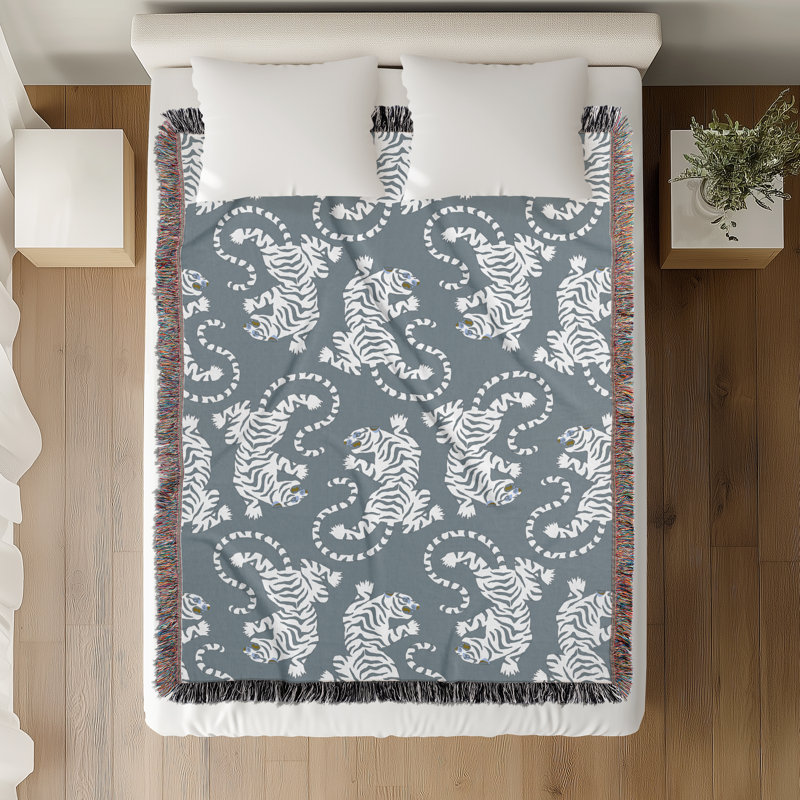 Jeté en mélange de coton Leonard Tiger, Bleu gris / blanc cassé, L 70 po x l 50 po