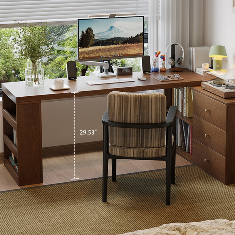 Bureau en bois massif en forme de L brun noyer avec 3 tiroirs, H 29,53 po x l 62,99 po x P 47,24 po