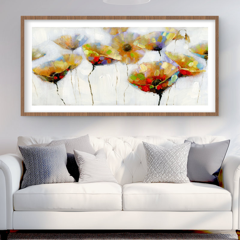 Fleurs tachées de couleur | Impression de salon orange encadré, Brun, H 24 po x l 48 po