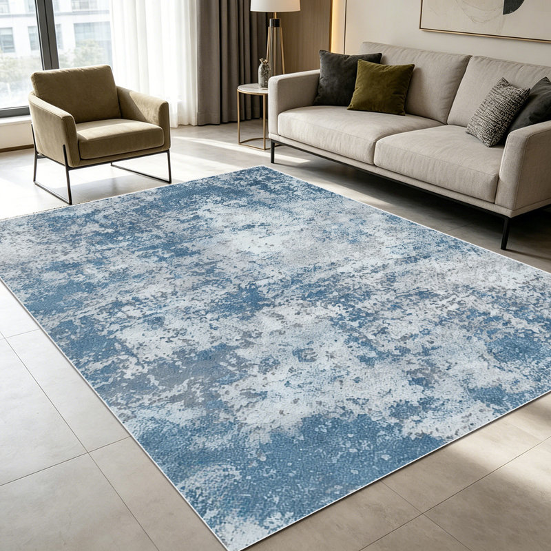 1PC distressed blue and white speckled abstract watercolor marble area rugs for Living Room, Soft, All seasons, Easy-maintain, Washable Indoor mat, Farmhouse suitable for for dining table, bedroom bedside, home office...