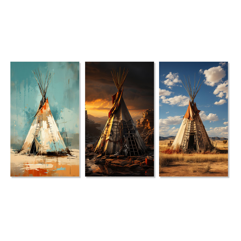 «Turquoise Beige Native Tipi Whispers Of Spirit», 3 pièces sur toile, Toile tendue, H 20 po x l 36 po