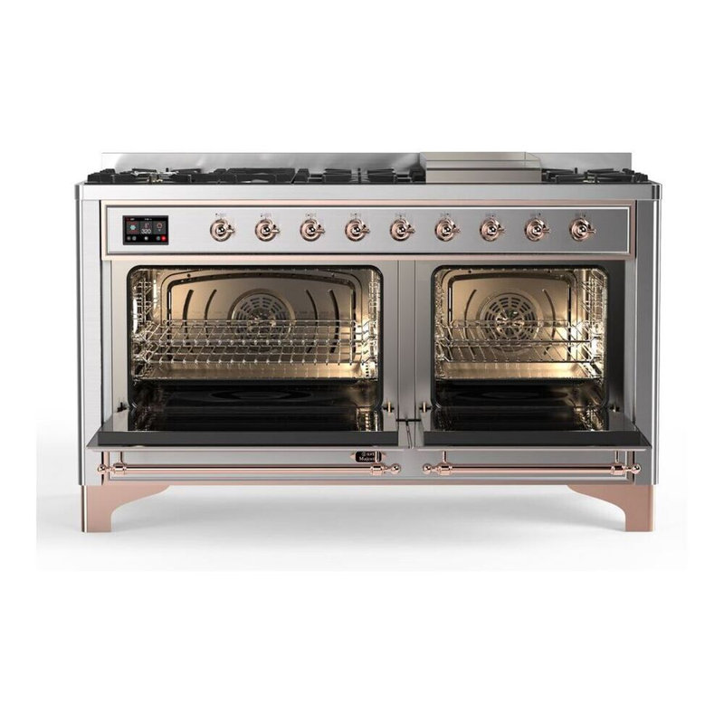 ILVE UM15FDQNS3BKCLP Majestic II 60 inch Dual Fuel Range with 9 Burners, Griddle (Liquid Propane, Solid Door, Glossy Black, Chrome)