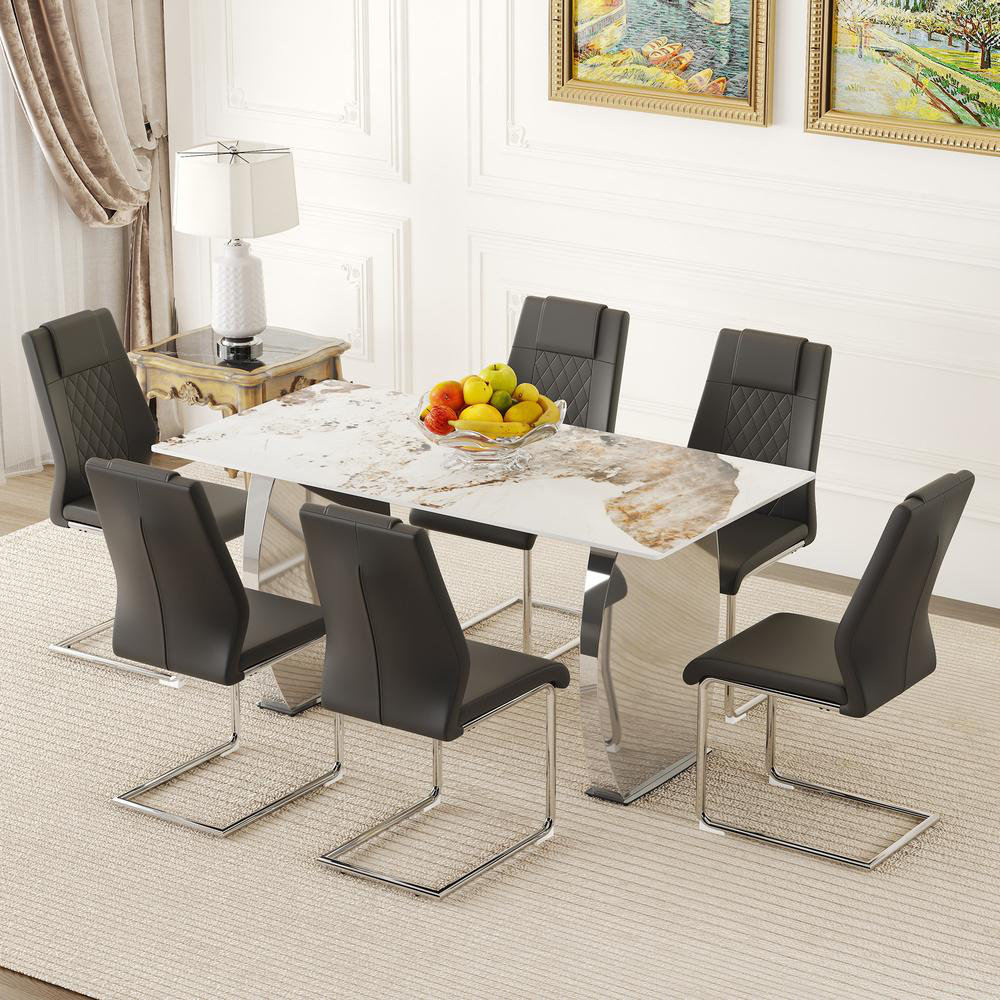 Ivy Bronx Modern Style Sintered Stone Top Dining Table Set With 6 Faux ...