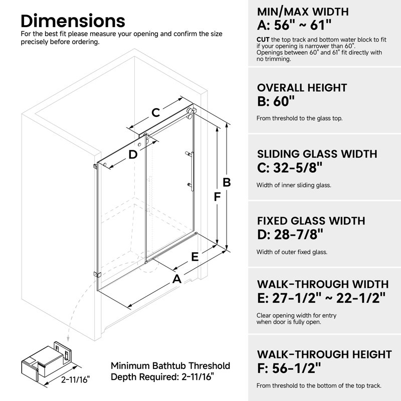 56-61" W x 60" H Frameless Single Sliding Shower Tub Door, 3/8" (10mm) Clear SGCC Tempered Glass with R5 Beveled Edge, Shatter-Resistant Safety Film, Includes Installation Hole Locator, Round Top Rail