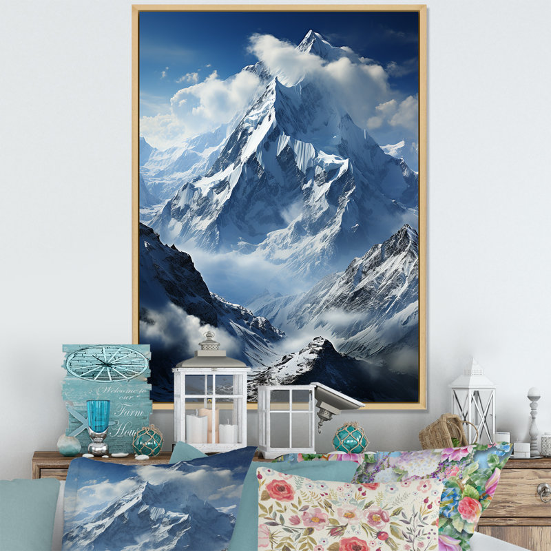 Edremit " Minimalism Winter Mountains Summit Splendor IV ", 32" H x 16" W x 1" D, Natural Floater Frame