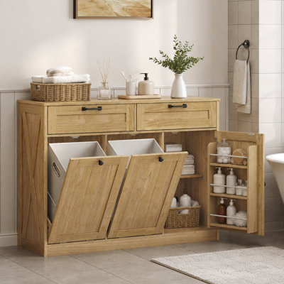 Tilt Out Laundry Hamper Cabinet With 2 Hidden Baskets, Bathroom Laundry Cabinet with Open Shelving, Wooden Hidden Trash Bin Cabinet with 2 Drawers