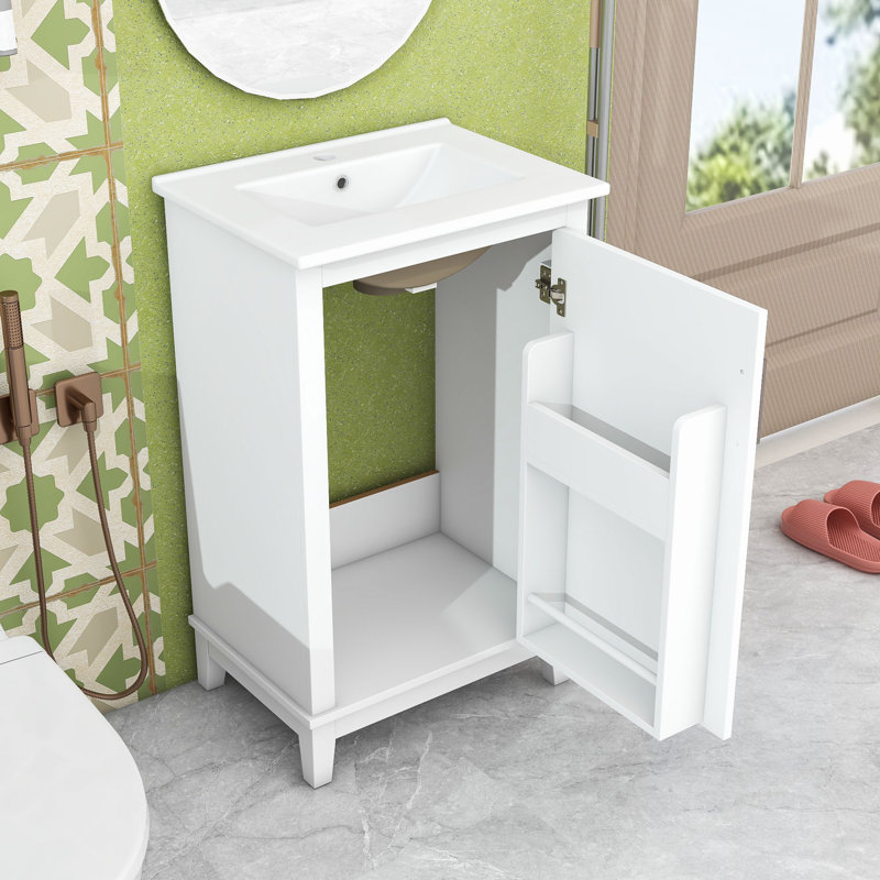 Meuble-lavabo simple autoportant en bois Marsallo avec lavabo en céramique et porte à fermeture en douceur, Blanc