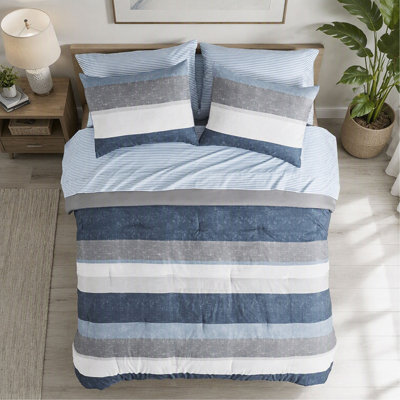 Ensemble de couette rayée avec draps - Bleu/Gris - Grand lit