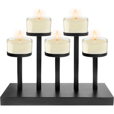 Black Metal 5 Arm Pillar Candlestick Holder - Modern Decor for Wedding/Christmas/Thanksgiving/Halloween & Dining Table/Home