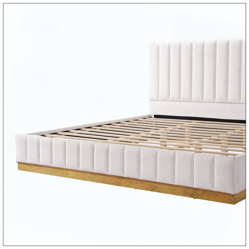 Hara Linen Upholstered Bed Withthick Headboard & Solid Wood Base, King