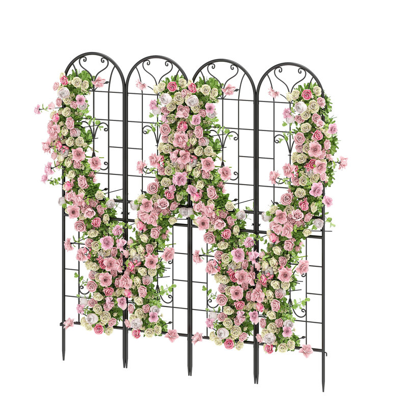 Ensemble de 4 treillis de jardin 87 po x 20 po à revêtement en métal noir avec treillis incurvé antirouille pour plantes grimpantes d'extérieur Roses, légumes, vignes, concombres