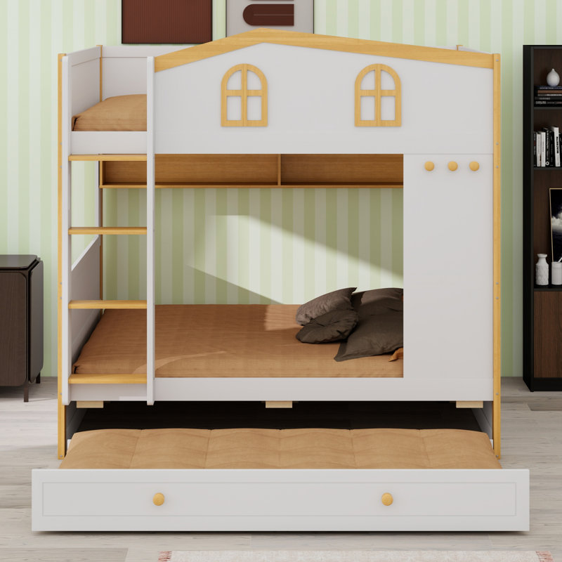 Lit superposé avec garde-corps de style maison, tablettes et lit gigogne, Double sur double