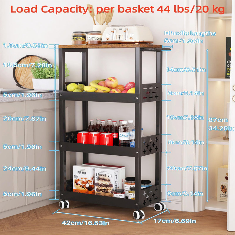 17cm W Metal Storage Rack with Wheels, Black