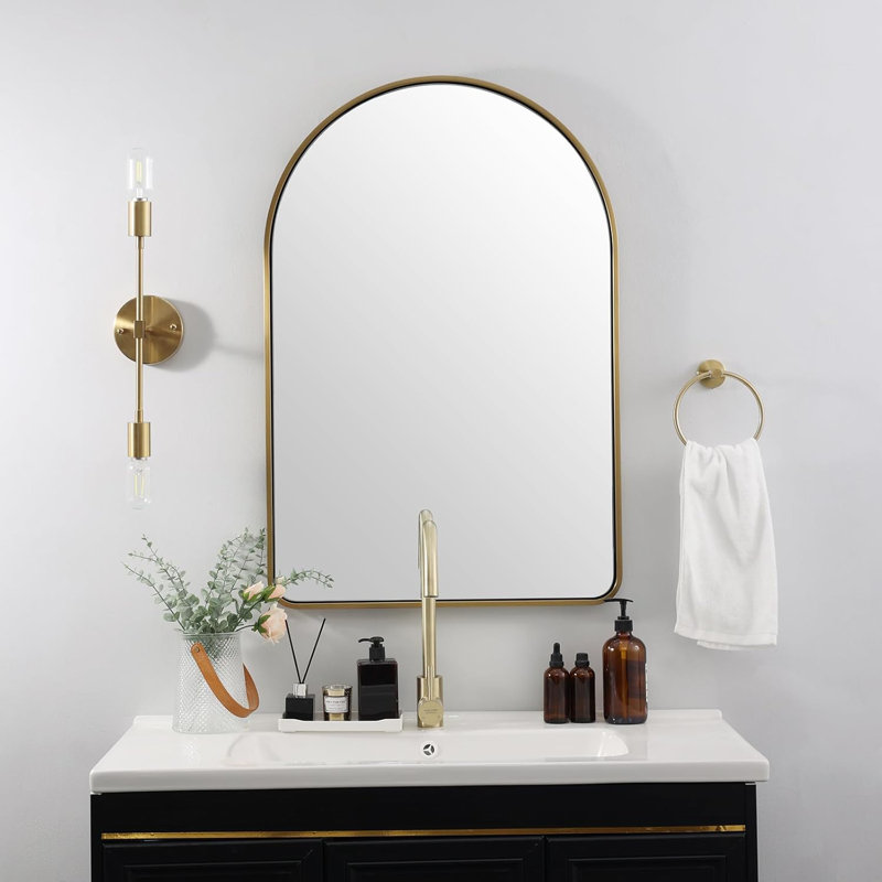 Malisa Contemporary Arched Bathroom Vanity Mirror | Stainless Steel Thick Frame, Brushed Gold, 36" x 24"
