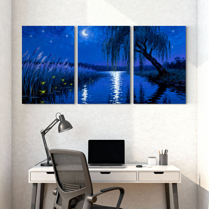 Abstrait, ciel nocturne, rivière, saule, étoiles, reflets, lumières, herbe, ensemble de 3 impressions sur toile