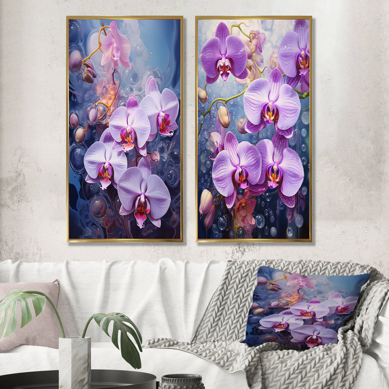 «Mauve Orbiting Orchids Collage», ensemble de 2 reproductions d'art mural orchidées, Cadre flottant doré, H 40 po x l 41 po