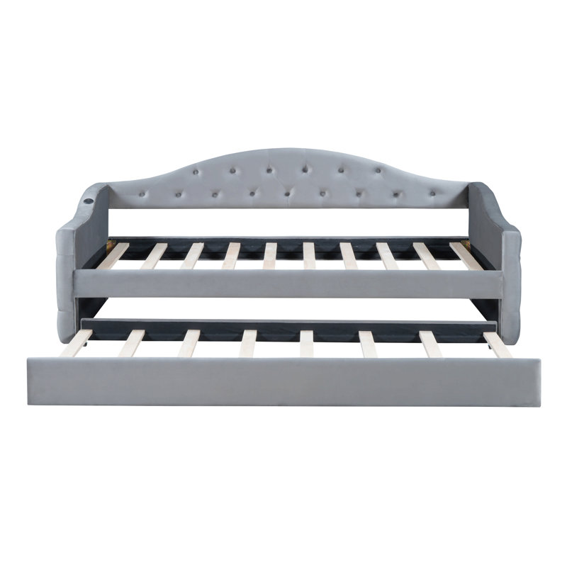 Lit de jour simple capitonné et rembourré avec couchette, canapé-lit en velours avec ports de chargement USB et Type-C, aucun sommier nécessaire