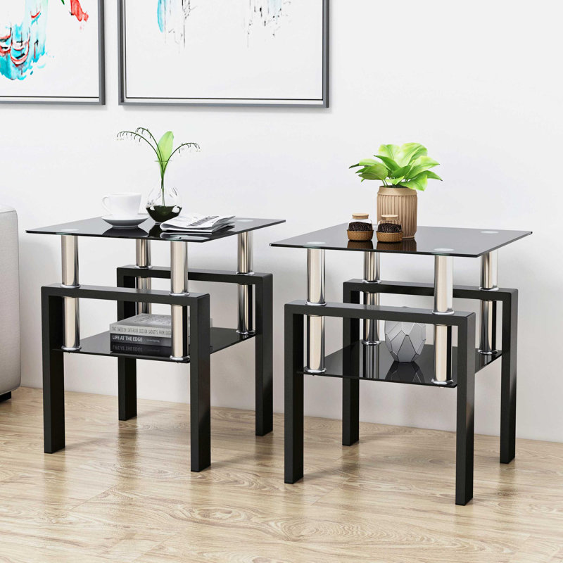 Table de bout moderne en verre trempé, table basse, table carrée pour le salon, Noir, Noir, 1