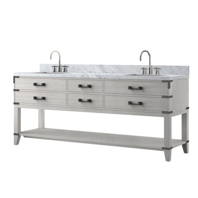 White Oak Double Bath Vanity 80 in. W x 22 in. D, Carrara Marble Top, and Faucet Set