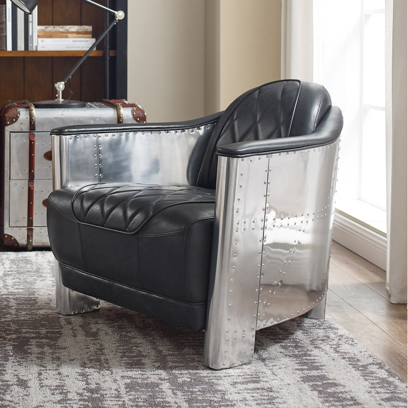 Pettengill Tufted Distressed Genuine Top Grain Leather Armchair, Black