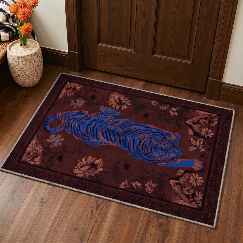 Tapis de porte antidérapant à poils courts, lavable, brun et bleu, imprimé animal., Rectangle 2' x 3'