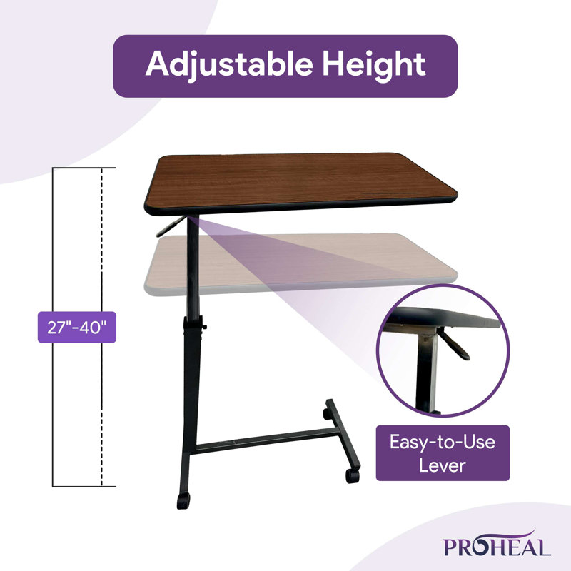 Table de lit roulante médicale avec roulettes et hauteur réglable pour un usage domestique et hospitalier, Acajou