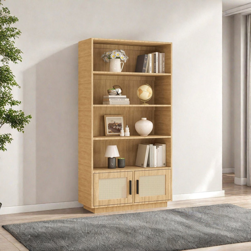 5 Tier Bookshelf, Boho Bookcase With Rattan Doors, Wooden Bookcase And Bookshelf With Storage, Wood
