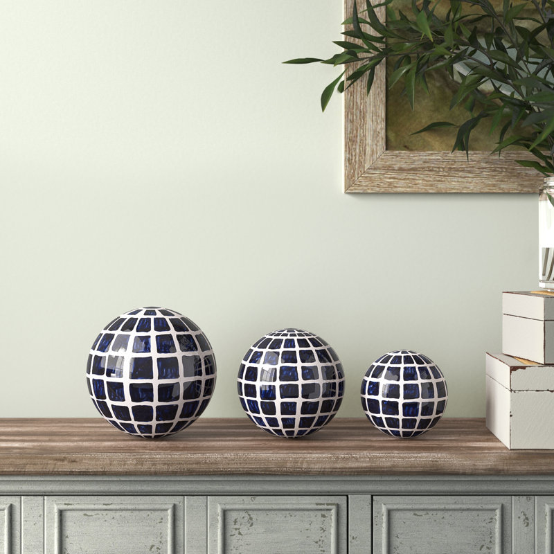 Halcott Set of 3 Ceramic Orbs - 4", 5", 6" Set of Blue and White Checkered Decorative Round Table Orbs for Home or Office Decor, Stylish Gift Idea