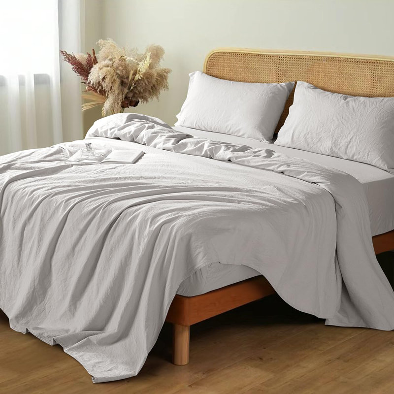 Natural Linen Cotton Bed Sheets Set，Deep Pocket- 4 Pcs, Gray, King