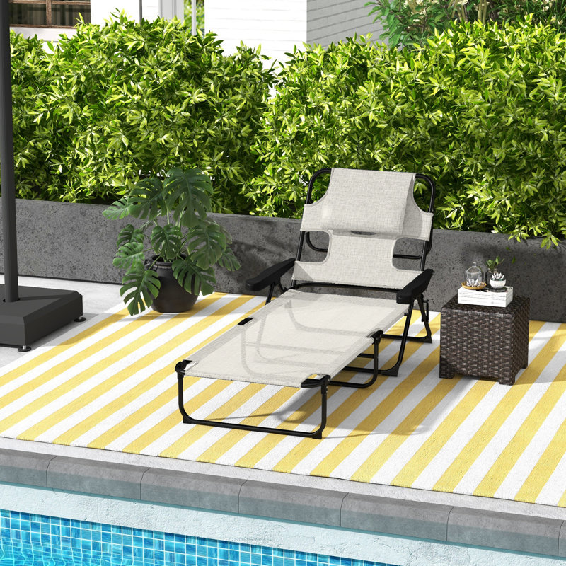 Sun Lounger Chair For Beach, 4 Adjustable, Cream White, Face & Arm Holes, Pillow , Foldable Poolside Lounge Chair,