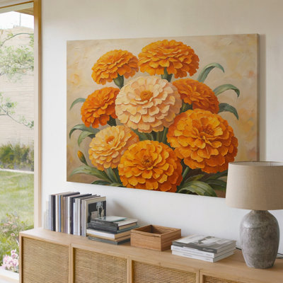 Reproduction d'art sur toile orange et crème Zinnia fleurs pour la maison, le salon, la chambre à coucher, le bureau, le couloir, le vestibule, le mur de la galerie et la décoration intérieure moderne