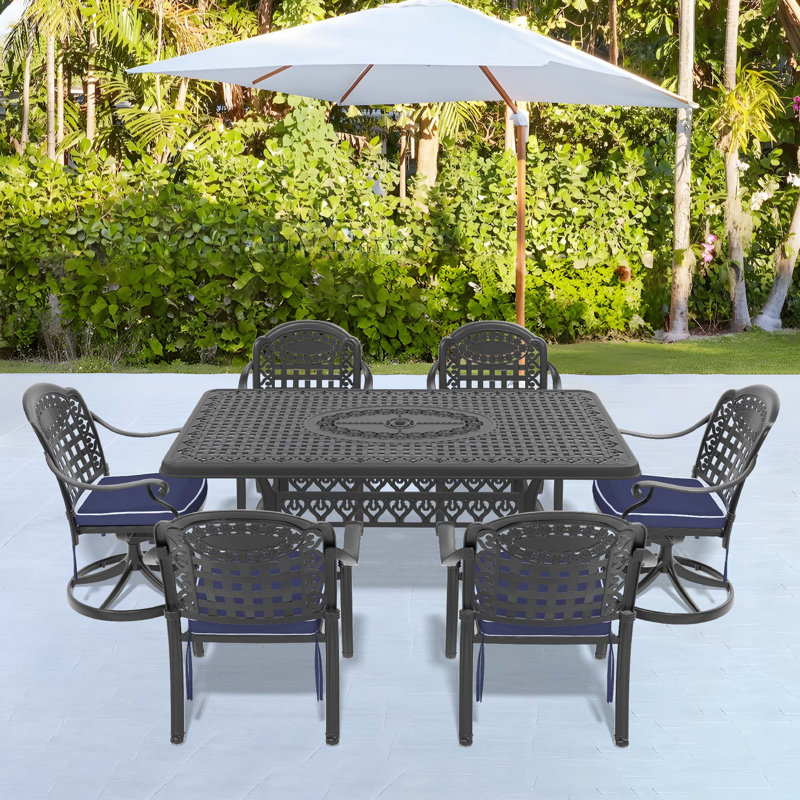 Ensemble de salle à manger 7 pièces en fonte d'aluminium toutes saisons comprenant 2 chaises pivotantes, 4 chaises et une table rectangulaire avec cadre noir