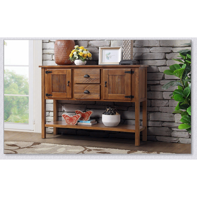 Console en bois massif avec 2 tiroirs, armoires et tablette inférieure pour un rangement de style rétro dans les salons et les salles à manger